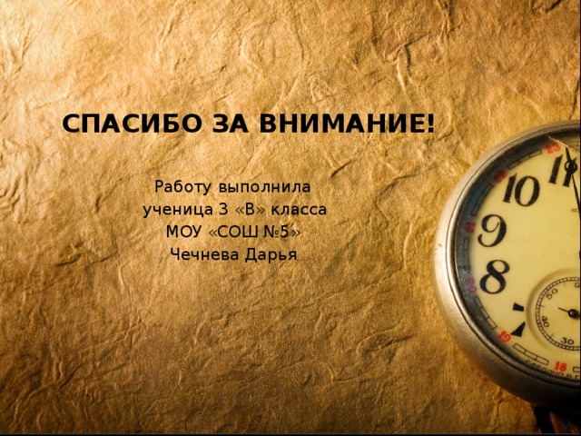 Спасибо за внимание! Работу выполнила ученица 3 «В» класса МОУ «СОШ №5» Чечнева Дарья