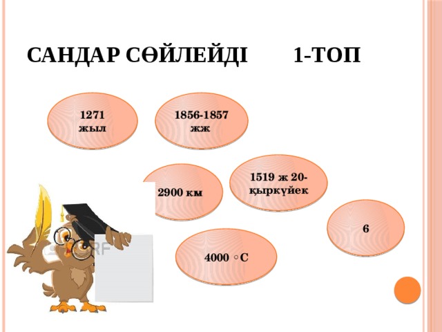 Сандар сөйлейді 1-топ 1271 жыл 1856-1857 жж 1519 ж 20-қыркүйек 2900 км 6 4000 ◦С