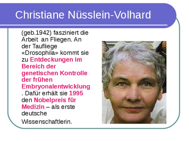 Christiane N üsslein-Volhard  (geb.1942) fasziniert die Arbeit an Fliegen. An der Taufliege «Drosophila» kommt sie zu Entdeckungen im Bereich der genetischen Kontrolle der fr ü hen Embryonalentwicklung . Daf ü r erh ä lt sie 1995 den Nobelpreis f ü r Medizin – als erste deutsche  Wissenschaftlerin.