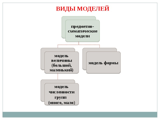 ВИДЫ МОДЕЛЕЙ предметно-схематические модели модель величины (большой, маленький) модель формы модель численности групп (много, мало)