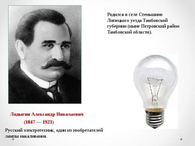 Родился в селе Стеньшино Липецкого уезда Тамбовской губернии (ныне Петровский район Тамбовской области). Лодыгин Александр Николаевич  (1847 — 1923) Русский электротехник, один из изобретателей лампы накаливания.
