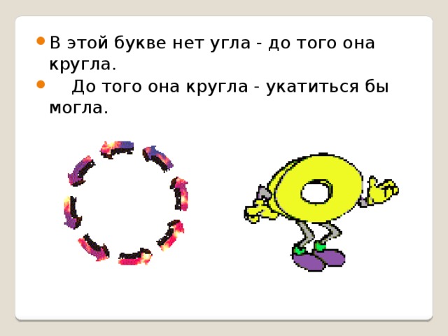 В этой букве нет угла - до того она кругла.      До того она кругла - укатиться бы могла.