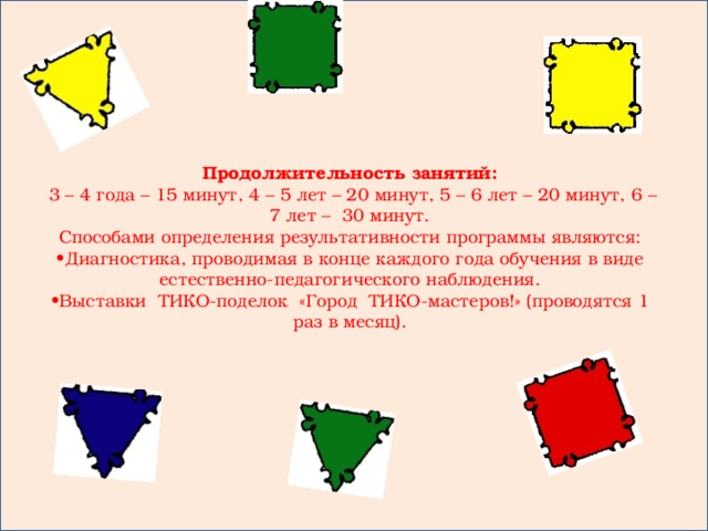 Продолжительность занятий:  3 – 4 года – 15 минут, 4 – 5 лет – 20 минут, 5 – 6 лет – 20 минут, 6 – 7 лет – 30 минут. Способами определения результативности программы являются: • Диагностика, проводимая в конце каждого года обучения в виде естественно-педагогического наблюдения. • Выставки ТИКО-поделок «Город ТИКО-мастеров!» (проводятся 1 раз в месяц).