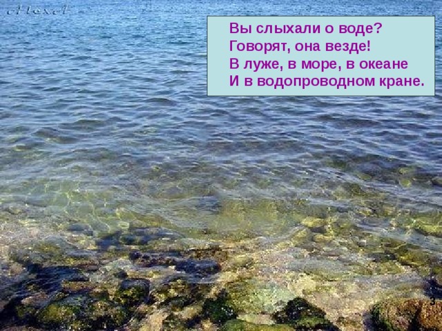 Вы слыхали о воде? Говорят, она везде! В луже, в море, в океане И в водопроводном кране. 3