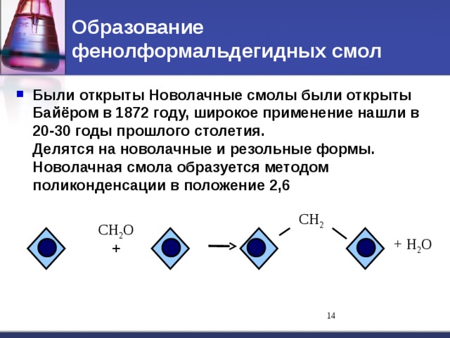 Образование фенолформальдегидных смол Были открыты Новолачные смолы были открыты Байёром в 1872 году, широкое применение нашли в 20-30 годы прошлого столетия.  Делятся на новолачные и резольные формы.  Новолачная смола образуется методом поликонденсации в положение 2,6 СH 2 СH 2 O + H 2 O + 11