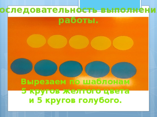 Последовательность выполнения работы. Вырезаем по шаблонам 5 кругов желтого цвета и 5 кругов голубого.