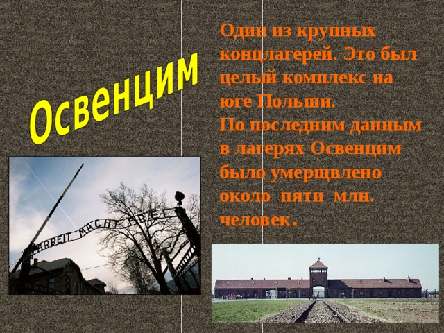 Один из крупных концлагерей. Это был целый комплекс на юге Польши.  По последним данным в лагерях Освенцим было умерщвлено около пяти млн. человек .