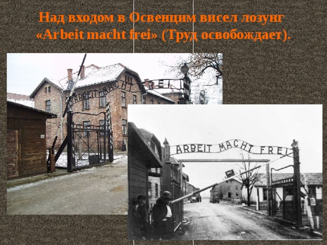 Над входом в Освенцим висел лозунг  «Arbeit macht frei» (Труд освобождает).