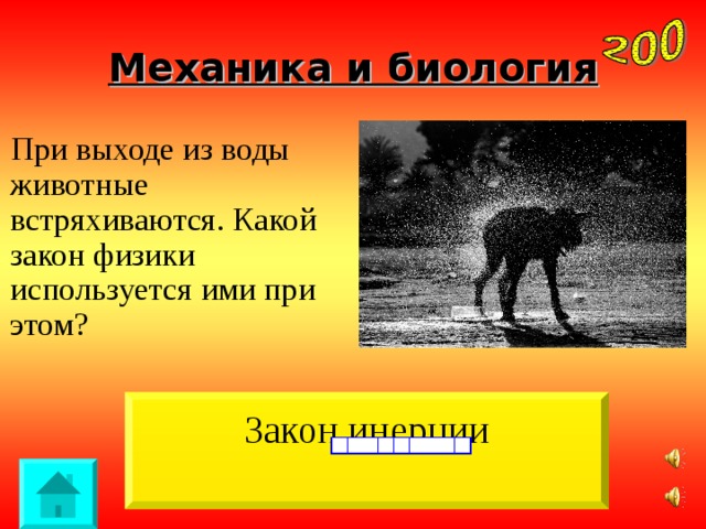 Механика и биология  При выходе из воды животные встряхиваются. Какой закон физики используется ими при этом? Закон инерции