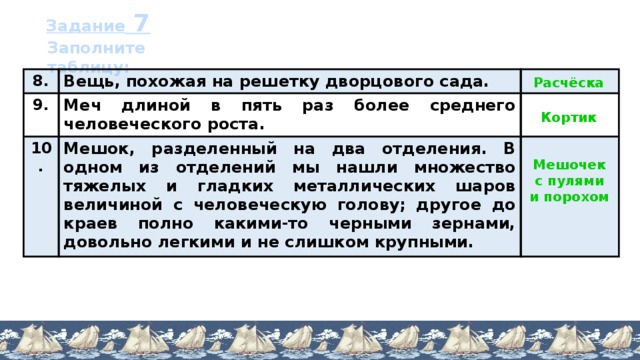 Задание 7 Заполните таблицу: 8. Вещь, похожая на решетку дворцового сада. 9. Меч длиной в пять раз более среднего человеческого роста. 10. Мешок, разделенный на два отделения. В одном из отделений мы нашли множество тяжелых и гладких металлических шаров величиной с человеческую голову; другое до краев полно какими-то черными зернами, довольно легкими и не слишком крупными. Расчёска Кортик Мешочек с пулями и порохом