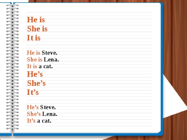 He is  She is  It is   He is Steve.  She is Lena.  It is a cat.  He’s  She’s  It’s    He’s Steve.  She’s Lena.  It’s a cat.