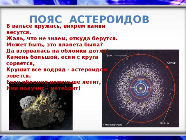 Пояс Астероидов В вальсе кружась, вихрем камни несутся.  Жаль, что не знаем, откуда берутся.  Может быть, это планета была?  Да взорвалась на обломки дотла!  Камень большой, если с круга сорвется,  Крушит все подряд - астероидом зовется.  Если обломок поменьше летит,  Имя получит - метеорит!