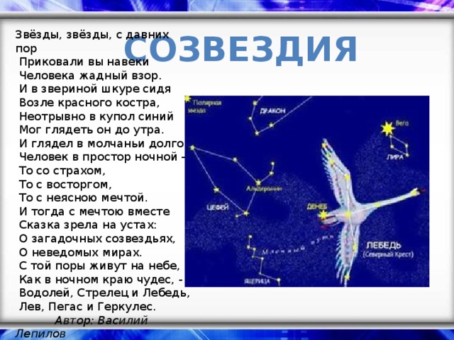 Созвездия Звёзды, звёзды, с давних пор   Приковали вы навеки   Человека жадный взор.   И в звериной шкуре сидя   Возле красного костра,   Неотрывно в купол синий   Мог глядеть он до утра.   И глядел в молчаньи долгом   Человек в простор ночной -   То со страхом,   То с восторгом,   То с неясною мечтой.   И тогда с мечтою вместе   Сказка зрела на устах:   О загадочных созвездьях,   О неведомых мирах.   С той поры живут на небе,   Как в ночном краю чудес, -   Водолей, Стрелец и Лебедь,   Лев, Пегас и Геркулес.    Автор: Василий Лепилов