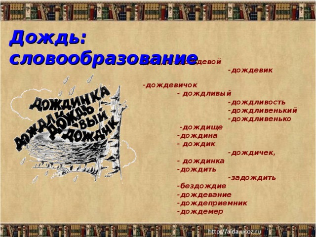 Дождь: словообразование Дождь – дождевой  -дождевик  -дождевичок  - дождливый  -дождливость  -дождливенький  -дождливенько  -дождище  -дождина  - дождик  -дождичек,  - дождинка  -дождить  -задождить  -бездождие  -дождевание  -дождеприемник  -дождемер