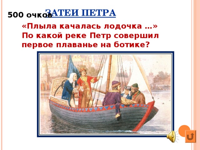 5 00 очков ЗАТЕИ ПЕТРА «Плыла качалась лодочка …» По какой реке Петр совершил первое плаванье на ботике?