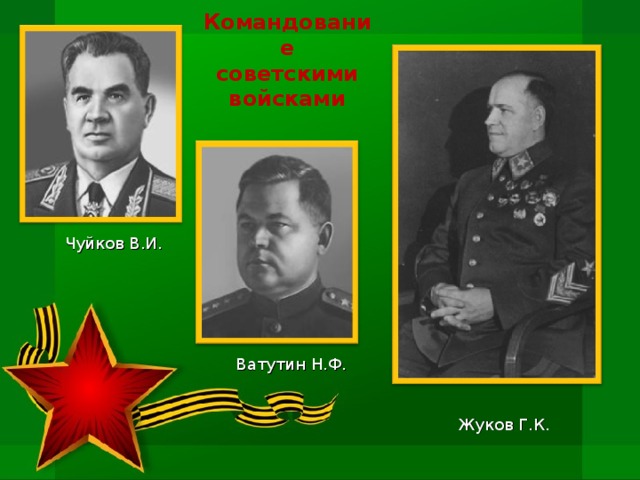 Командование  советскими войсками Чуйков В.И. Ватутин Н.Ф. Жуков Г.К.