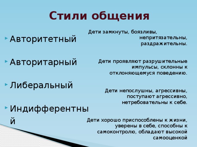 Стили общения Дети замкнуты, боязливы, непритязательны, раздражительны. Дети проявляют разрушительные импульсы, склонны к отклоняющемуся поведению. Дети непослушны, агрессивны, поступают агрессивно, нетребовательны к себе. Дети хорошо приспособлены к жизни, уверены в себе, способны к самоконтролю, обладают высокой самооценкой