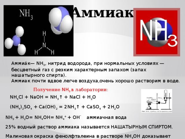 Аммиак Аммиа́к— NH 3 , нитрид водорода, при нормальных условиях — бесцветный газ с резким характерным запахом (запах нашатырного спирта). Аммиак почти вдвое легче воздуха,очень хорошо растворим в воде. Получение NH 3 в лаборатории: NH 4 Cl + NaOH = NH 3 ↑ + NaCl + H 2 O (NH 4 ) 2 SO 4 + Ca(OH) 2 = 2NH 3 ↑ + CaSO 4 + 2H 2 O NH 3 + H 2 O= NH 4 OH= NH 4 + + OH ¯ аммиачная вода 25% водный раствор аммиака называется НАШАТЫРНЫМ СПИРТОМ. Малиновая окраска фенолфталеина в растворе NH 4 OH доказывает наличие OH ¯