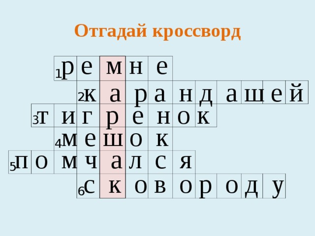 Отгадай кроссворд р е м н е 1 3   2     5       4                     6                                               к а р а н д а ш е й т и г р е н о к м е ш о к п о м ч а л с я с к о в о р о д у