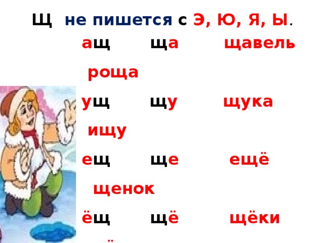 Щ не пишется с Э, Ю, Я, Ы . а щ  щ а щавель роща у щ  щ у щука ищу е щ  щ е ещё щенок ё щ  щ ё щёки щётка и щ  щ и ищи лещи