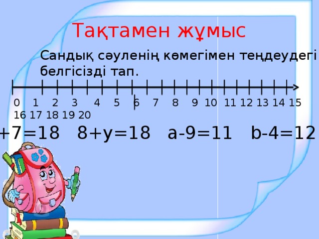 Тақтамен жұмыс Сандық сәуленің көмегімен теңдеудегі белгісізді тап. 0 1 2 3 4 5 6 7 8 9 10 11 12 13 14 15 16 17 18 19 20 х+7=18 8+у=18 а-9=11 b-4=12