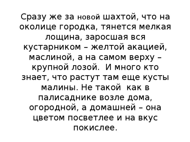 Сразу же за новой шахтой, что на околице городка, тянется мелкая лощина, заросшая вся кустарником – желтой акацией, маслиной, а на самом верху – крупной лозой. И много кто знает, что растут там еще кусты малины. Не такой как в палисаднике возле дома, огородной, а домашней – она цветом посветлее и на вкус покислее.