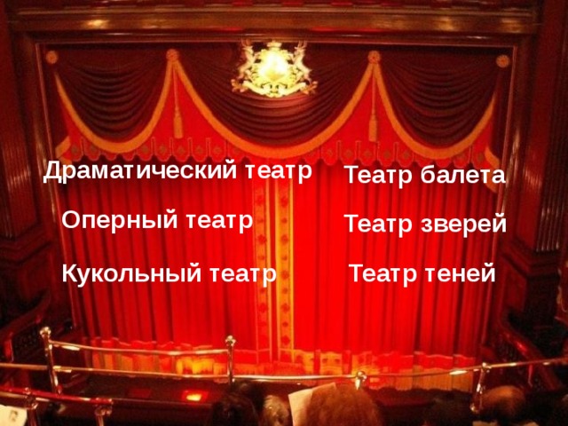 Драматический театр Театр балета Оперный театр Театр зверей Кукольный театр Театр теней