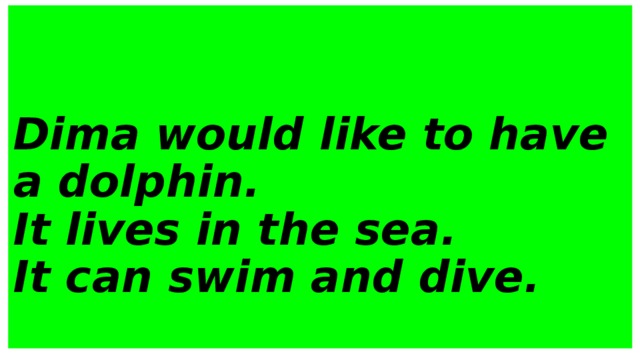Dima would like to have a dolphin.  It lives in the sea.  It can swim and dive.