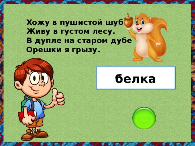 Хожу в пушистой шубе, Живу в густом лесу. В дупле на старом дубе Орешки я грызу. белка