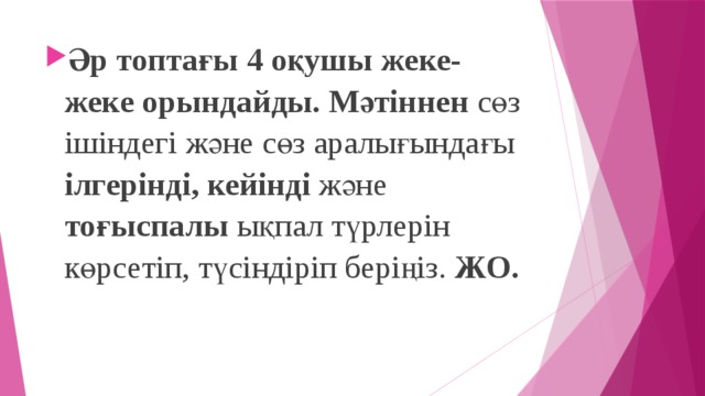 Әр топтағы 4 оқушы жеке-жеке орындайды. Мәтіннен сөз ішіндегі және сөз аралығындағы ілгерінді, кейінді және тоғыспалы ықпал түрлерін көрсетіп, түсіндіріп беріңіз. ЖО.