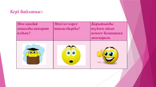 Кері байланыс:   Мен қандай маңызды ақпарат алдым? Мені не нәрсе таңғалдырды?   Қорытынды түйген ойым немесе болашаққа жоспарым.      