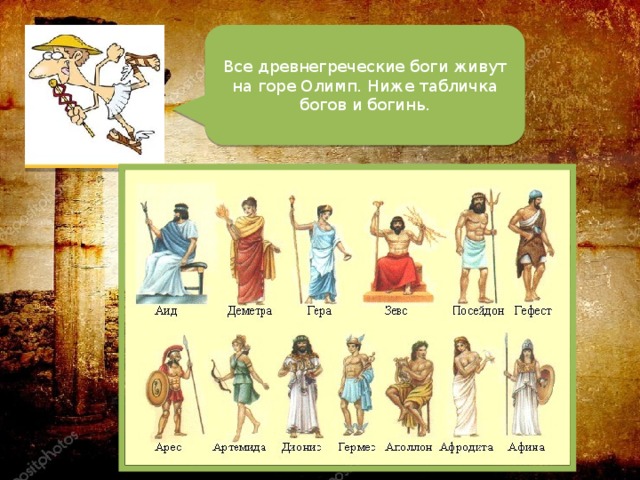 Все древнегреческие боги живут на горе Олимп. Ниже табличка богов и богинь.