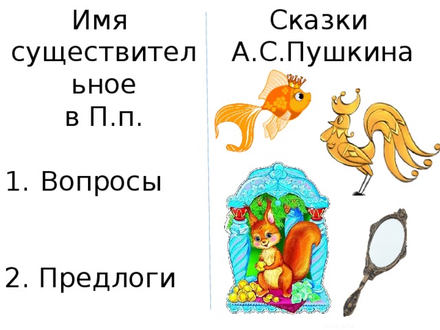 Имя Сказки существительное А.С.Пушкина в П.п. Вопросы 2. Предлоги