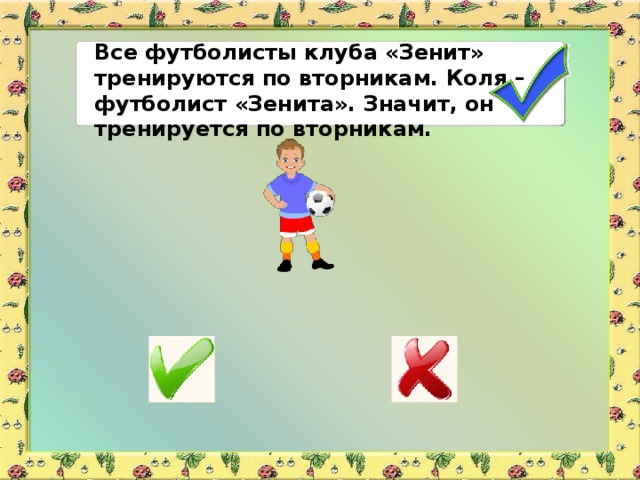 Все футболисты клуба «Зенит» тренируются по вторникам. Коля – футболист «Зенита». Значит, он тренируется по вторникам.
