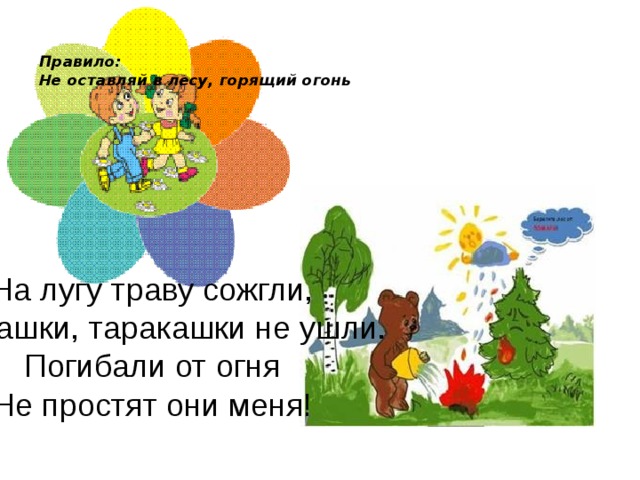 Правило:  Не оставляй в лесу, горящий огонь      На лугу траву сожгли, А букашки, таракашки не ушли. Погибали от огня Не простят они меня!