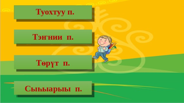 Туохтуу п. эһэни көрбүт  Тэҥнии п. оҕустааҕар улахан уол уһанар Төрүт п. оскуолаҕа сүүрдэ Сыһыарыы п.