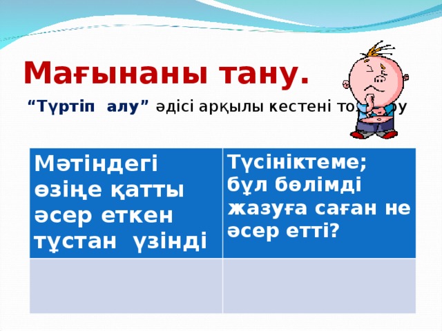 Мағынаны тану. “ Түртіп алу” әдісі арқылы кестені толтыру Мәтіндегі өзіңе қатты әсер еткен тұстан үзінді Түсініктеме; бұл бөлімді жазуға саған не әсер етті?