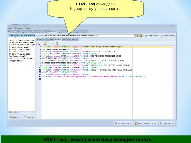 HTML- код командасы Кодтар еңгізу үшін арналған  HTML- код командасын басу кезіндегі терезе