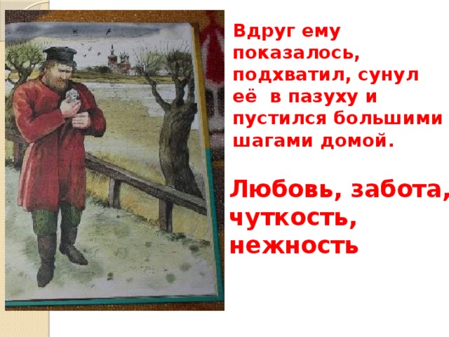 Вдруг ему показалось, подхватил, сунул её в пазуху и пустился большими шагами домой.  Любовь, забота, чуткость, нежность