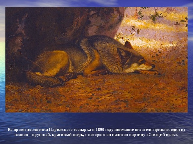Во время посещения Парижского зоопарка в 1890 году внимание писателя привлек один из волков – крупный, красивый зверь, с которого он написал картину «Спящий волк».