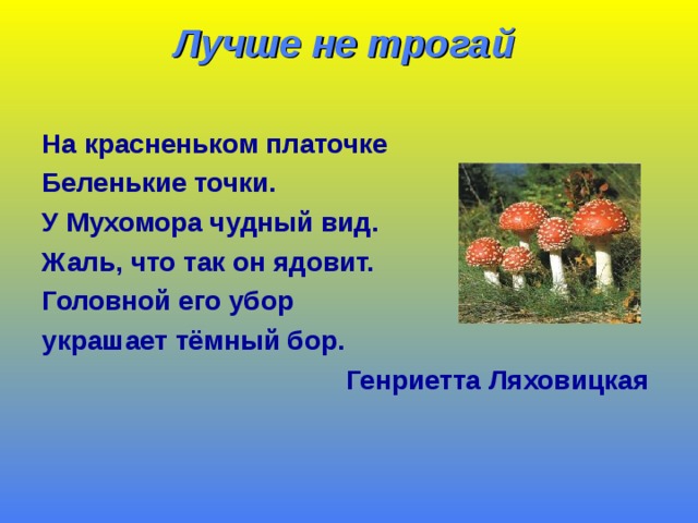 Лучше не трогай   На красненьком платочке Беленькие точки. У Мухомора чудный вид. Жаль, что так он ядовит. Головной его убор украшает тёмный бор.  Генриетта Ляховицкая