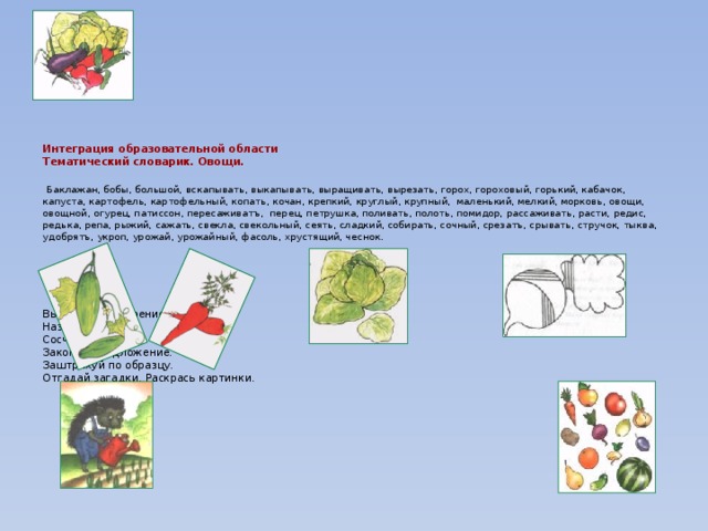 Интеграция образовательной области  Тематический словарик. Овощи.    Баклажан, бобы, большой, вскапывать, выкапывать, выращивать, вырезать, горох, гороховый, горький, кабачок, капуста, картофель, картофельный, копать, кочан, крепкий, круглый, крупный, маленький, мелкий, морковь, овощи, овощной, огурец, патиссон, пересаживатъ, перец, петрушка, поливать, полоть, помидор, рассаживать, расти, редис, редька, репа, рыжий, сажать, свекла, свекольный, сеять, сладкий, собирать, сочный, срезатъ, срывать, стручок, тыква, удобрятъ, укроп, урожай, урожайный, фасоль, хрустящий, чеснок.          Выучи стихотворение.  Назови ласково.  Сосчитай до пяти.  Закончи предложение.  Заштрихуй по образцу.  Отгадай загадки. Раскрась картинки.