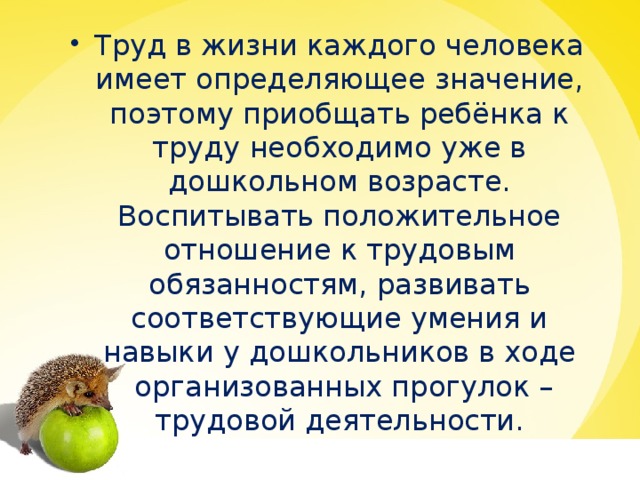 Труд в жизни каждого человека имеет определяющее значение, поэтому приобщать ребёнка к труду необходимо уже в дошкольном возрасте. Воспитывать положительное отношение к трудовым обязанностям, развивать соответствующие умения и навыки у дошкольников в ходе  организованных прогулок – трудовой деятельности.