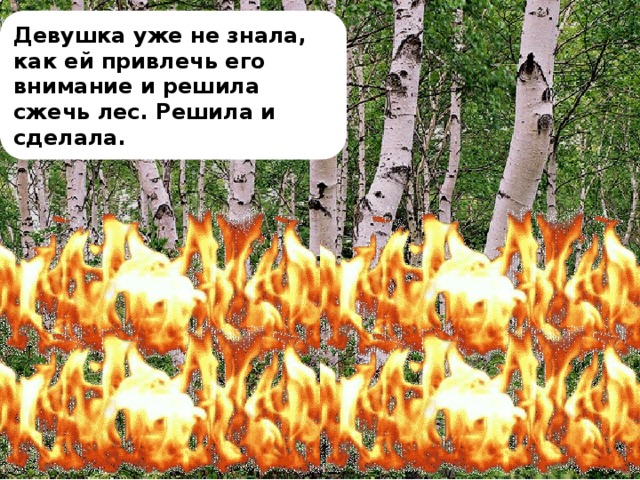 Девушка уже не знала, как ей привлечь его внимание и решила сжечь лес. Решила и сделала.