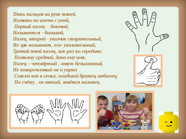 Пять пальцев на руке твоей,  Назвать по имени с умей,  Первый палец - боковой,  Называется - большой,  Палец, второй - указчик старательный,  Не зря называют, его- указательный,  Третий твой палец, как раз по середине,  Поэтому средний, дано ему имя,  Палец – четвёртый , зовут безымянный,  Не поворотливый он и упрям  Совсем как в семье, младший братец любимец,  По счёту , он пятый, зовётся мизинец.