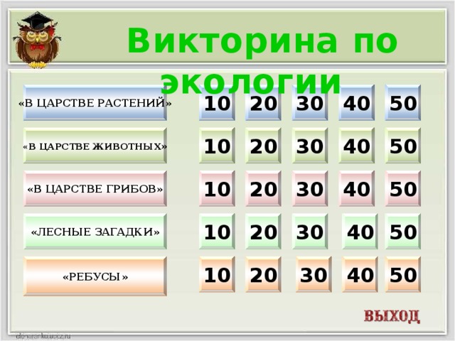 Викторина по экологии 10 30 40 50 «В царстве растений» 20 10 20 30 40 50 «в царстве животных » «В ЦАРСТВЕ ГРИБОВ» 10 50 40 30 20 «ЛЕСНЫЕ ЗАГАДКИ» 20 50 40 30 10 20 30 40 50 10 «РЕБУСЫ»