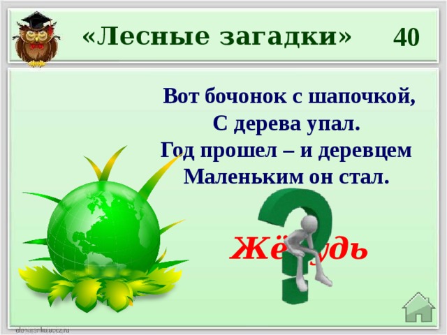 40 «Лесные загадки» Вот бочонок с шапочкой,  С дерева упал.  Год прошел – и деревцем  Маленьким он стал. Жёлудь