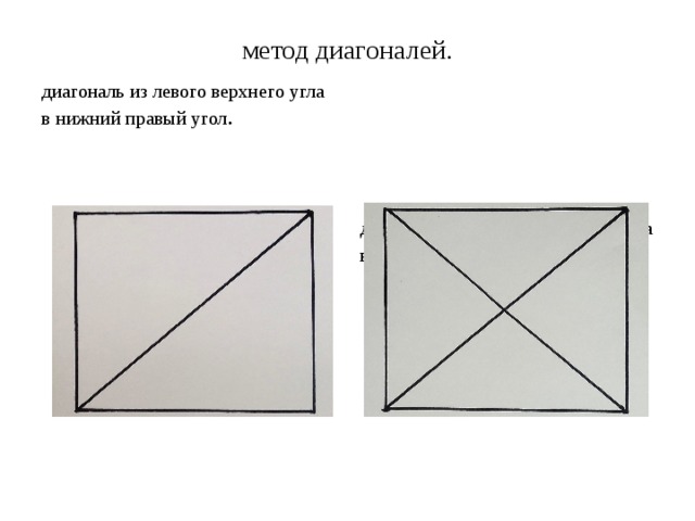 метод диагоналей.   диагональ из левого верхнего угла в нижний правый угол . диагональ из правого верхнего угла в нижний левый угол.
