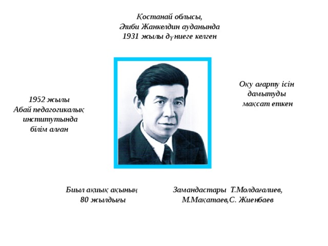 Қостанай облысы, Әлиби Жанкелдин ауданында 1931 жылы дүниеге келген Оқу ағарту ісін дамытуды мақсат еткен 1952 жылы Абай педагогикалық  институтында білім алған Биыл ақиық ақының 80 жылдығы Замандастары Т.Молдағалиев, М.Мақатаев,С. Жиенбаев