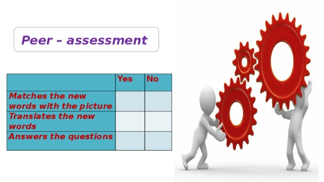 Peer – assessment   Yes Matches the new words with the picture No   Translates the new words     Answers the questions      